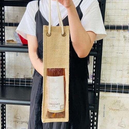 Jute Wine Carrier Reusable Burlap Tote Bags Clear Window with Handles Gift Bag Travel Storage Organizer for Wedding Holiday X7XC