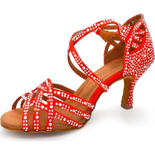 Evkoodance Professional Latin Dance Shoes Blue Red Crystal Dancing Shoes Womens Sexy 7cm Latin Salsa Ballroom Dance Shoes