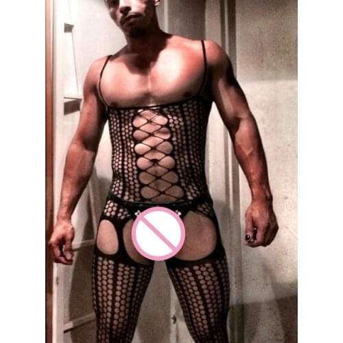 Fetish Gay Crossdress Underwear Fishnet Bodysuit Bodystocking Sexy Porno Mesh Crotchless Body Stocking Sissy Lingerie for Men