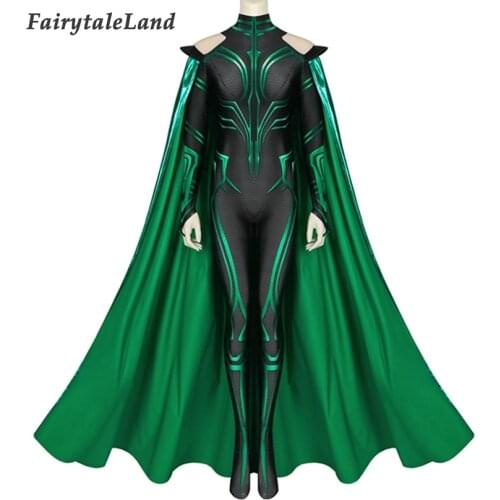 Halloween Carnival Supervillain Cosplay Jumpsuit Hela Costume 3D Printed Zentai Green Cape