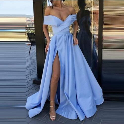 2021 Hot Selling Off Shoulder V-Neck High Split Short Sleeve A-Line Evening Dress Party Dress Backless Prom Dress