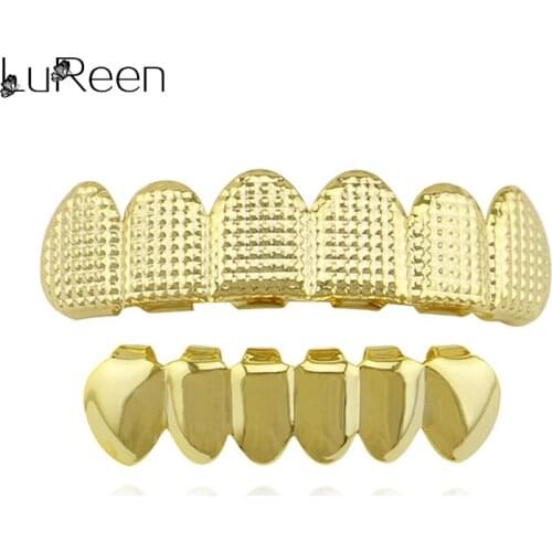 LuReen Hip Hop Gold Teeth Grillz Top & Bottom Lattice Shape Grills Dental Cosplay Teeth Caps Tooth Grill Mouth Jewelry Party