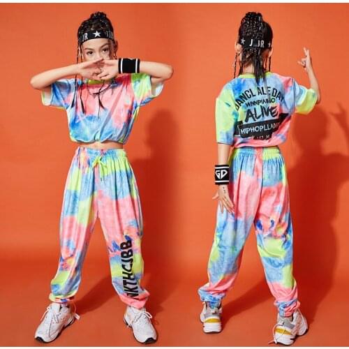 Fashion Multi-Color Jazz Dance Costume For Girls Tie Dye Clothes Crop Tops Pants Hip Hop Clothing Kids Stage Street Wear BL6570