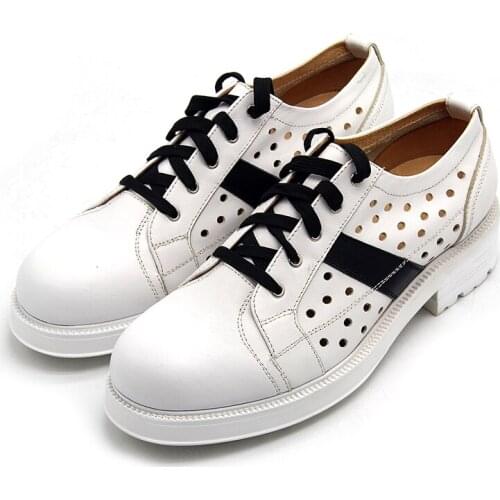 2018 White Black Cut out Thick heels Genuine leather Formal Business Shoes for men