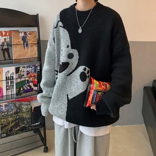 Mens hip-hop Streetwear Harajuku Sweater Crew neck Retro Japanese anime Bear sweater Couple knit 2020 Fall/winter Warm Pullover