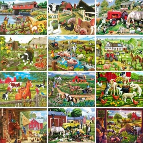 Huacan Diamond Painting Set Farm Animal Mosaic Horse Embroidery Pig Village Rhinestone Pictures Home Decor