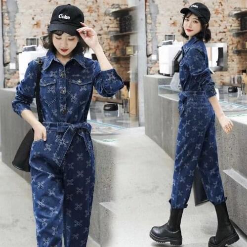 Autumn and Winter Womens Tooling Jeans Fashion Jumpsuits Geometric Printed Denim One-Piece Pants