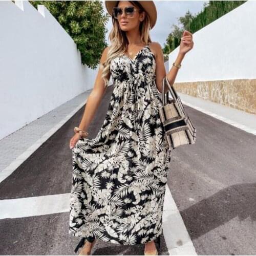 Summer Boho Dress For Women Fashion Casual Sexy V-Neck Elegant Print Spaghetti Strap Sleeveless Beach Maxi Dresses Robe Femme