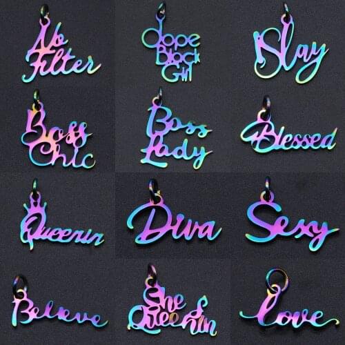 5pcs/lot Rainbow Word Script Charm Wholesale 100% Stainless Steel Slay Diva Black Dope Girl Charms Blessed Queen Jewelry Pendant