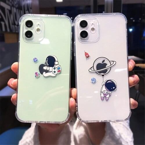Transparent Creative Astronaut Phone Case For iPhone 12 11 Pro Mini X XR XS Max 7 8 Plus Space Planet Shockproof Soft Back Cover