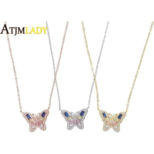 Luxury stunning Gold Filled baguette colorful rainbow cz paved cute animal butterfly necklace fashion trendy women jewelry