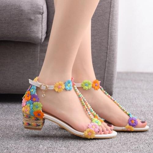Women Shoes Summer Bohemian Gladiator Roman Sandal Lace Straps Floral Style Sandalias White Female Beach Low Heels