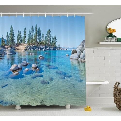 Blue Shower Curtain Lake House Decor Lake Landscape with Trees and Rocks Forces of The Universe Earth Print Bathroom Curtains