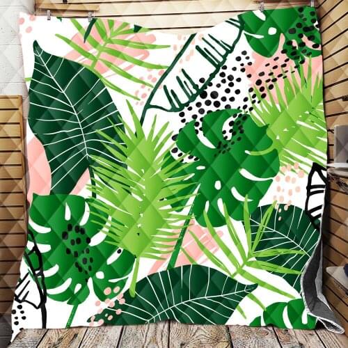 Tropical Leaves Palm Tree Flamingo Watercolor Pattern Quilt Blanket