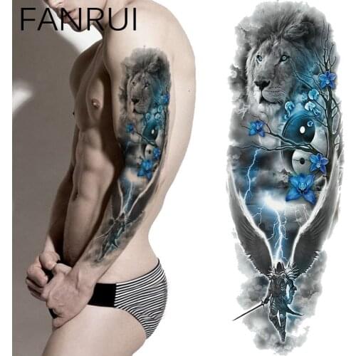 Blue Lion Flower Temporary Tattoo Women Shoulder Tattoo Sticker Men Full Arm Art Light Waterproof Tatoo Paste Black Wing Warrior