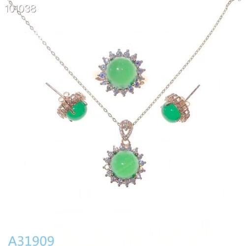 KJJEAXCMY Fine jewelry 925 sterling silver inlaid natural green chalcedony necklace pendant ring earrings set support detection