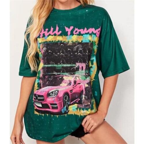 Vintage Green Car Graphic T Shirts Women 2021 Casual Loose Letter Print Tee Shirt Oversize Femme Harajuku Tie Dye Tops T-shirts