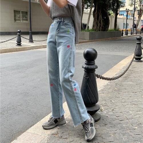 Korean version women jeans high waist loose straight jeans Split fork legs split plus size ladies denim trousers plus size