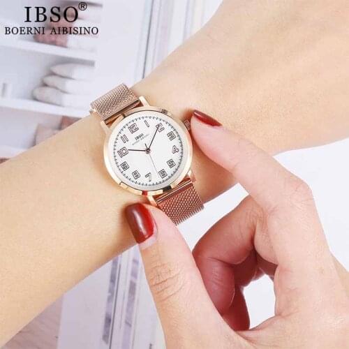 IBSO Brand Womens Quartz Watch Simple Stainless Steel Watch with Number Dial Wrist Watches for Relogio Feminino Female Clock