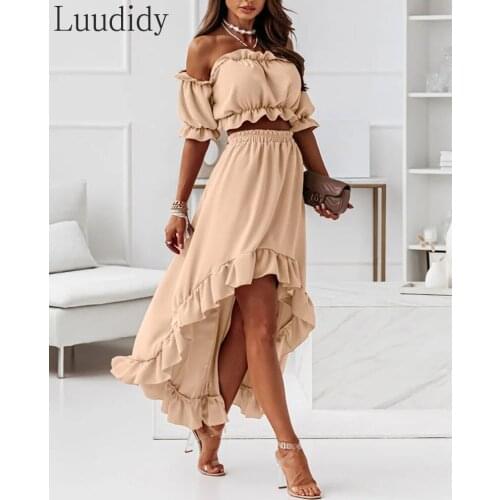 Women Off Shoulder Ruffles Short Sleeve Crop Top And High Waist Asymmetrical Skirts 2 Piece Sets
