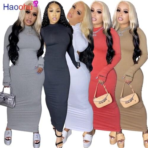 HAOOHU letter Embroidery Women Long Sleeve Open Back Sexy Boycon Midi Maxi Dress Club Party Night Long Pencil Dresses