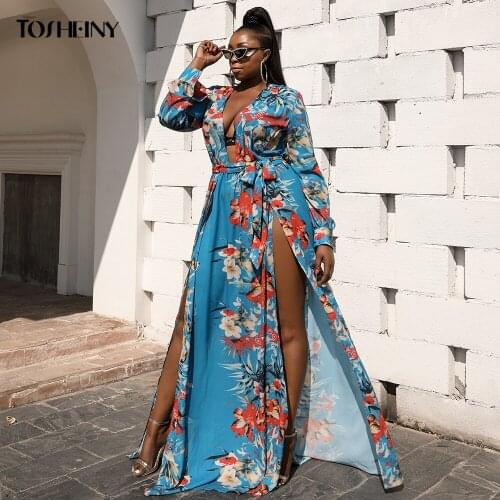 Tosheiny Dresses Woman Summer 2021 Plus Size Dress Maxi Sexy Floral Print Deep V Neck Boho Vestidos Beach Party Elegant Curve