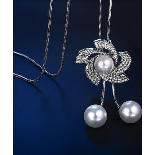 Korean Big Crystal Whirlwind Women Necklace Pendant Long Sweater Chain Fashion Jewelry Simulated Pearl Collares Accessories