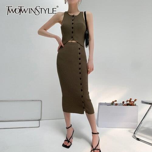 TWOTWINSTYLE Casual Hollow Out Dress For Women O Neck Sleeveless High Waist Patchwork Midi Dresses Female Summer Fashion Stylish