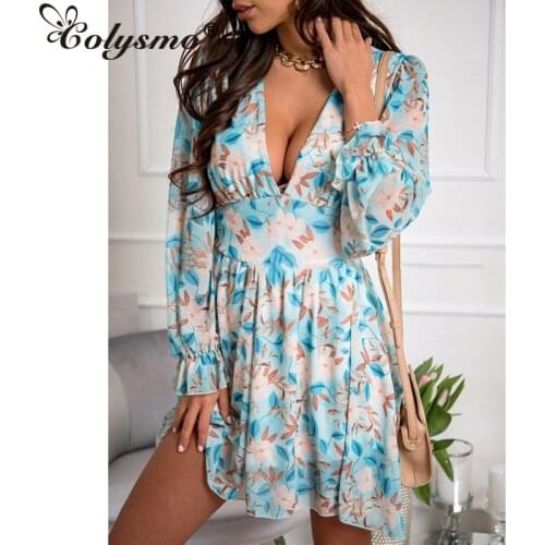 Colysmo Print Floral Dress Long Sleeve Cut out Mini Low Cut V Neck High Waist Casual Dresses Fashion Summer Dress for Women 2021