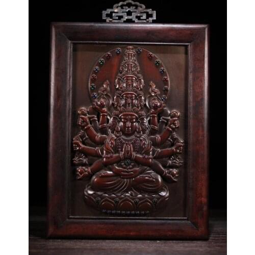 14" Tibet Buddhism Temple Sandalwood set bronze gem 1000 Arm Guanyin Bodhisattva Thangka Dover Head Avalokitesvara Tag Thangka