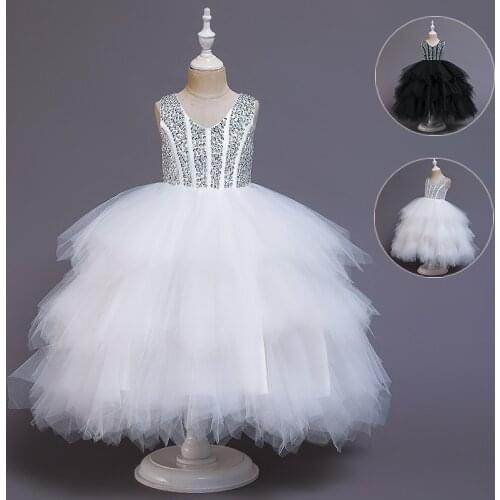 2021 Summer White Girl Tutu Dress Elegant Kids Dresses For Girls Party And Wedding Clothing V-Neck Lace Princess Show Dress