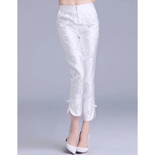 Satin Pants Cheongsam Improved Qipao Cropped Trousers Women Retro Vintage Fall Spring Hanfu Chinese Style Embroidery Tang Suit