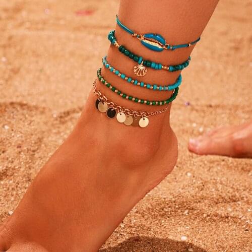 Boho Multilayer Beads Anklets For Women Fashion Shell Sequins Anklet Bracelet On Leg Summer Beach Anklet Set Female Foot Jewelry