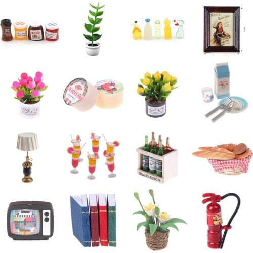 Dollhouse Kettle Cheeses Jam Wall Clock Potted Plant Bottles Lamp Kettle Dollhouse Furniture Toys Doll House Decoration New