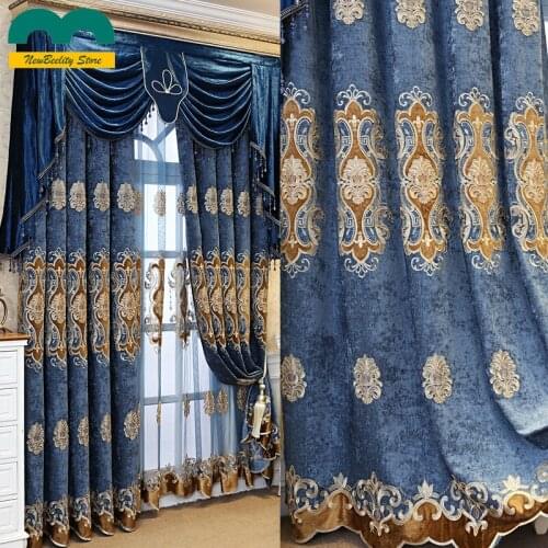 European Blue Chenille Curtains for Living Dining Room Bedroom Embroidered Blackout Curtains New Chinese Coffee Color Curtains