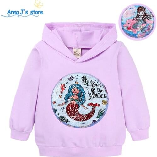 2-7Y Children Kids cartoon mermaid Sequined Reversible T Shirt Spring Autumn Girls Long Sleeve T-Shirt hooded Shirts ZX412