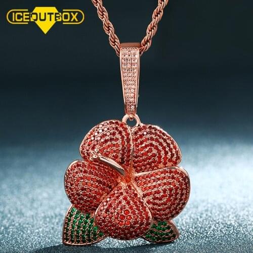 ICEOUTBOX Iced Out Flower Pendant Necklace With Red Crystal For Women Mens Hip Hop Jewelry Cubic Zircon Bling Wedding Party Gift