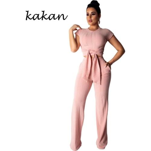 Kakan summer new womens bodysuit tights two-piece casual navel short-sleeved jumpsuit pink yellow purple black jumpsuit