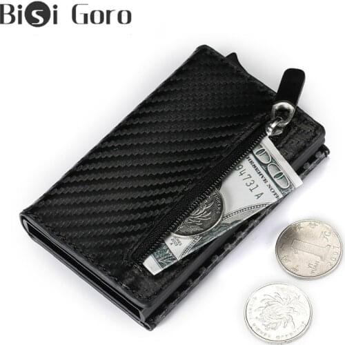 BISI GORO Anti Rfid Card Wallets Coin Purse Men And Women Leather Money Bag Slim Pouch Mini Metal Carbon Fiber Wallet Purse