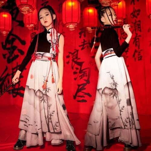 Chinese Style Ink Wash Painting Catwalk Show Stage Costume Set Girls Jazz Modern Dancing Performance Clothing Dancewear VDB3996