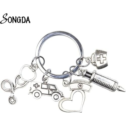 Creative Nurse Medical Syringe Stethoscope Image Heart Keychain Charms Holder Key Chains Key Rings for Car Bag Handmade Jewelry