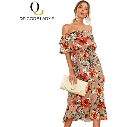 QR Summer Dress Women 2019 Casual Floral Print Chiffon Boho Beach Dresses Female Sexy Backless Off Shoulder Split Party Dress