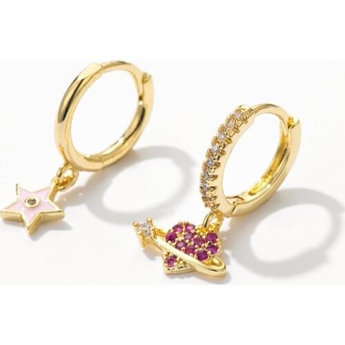 Brilliant Crystal Zircon Fine Love Small Hoop Earrings Minimalist Pink Star Oil Craft Earrings For Women Jewelry 2021