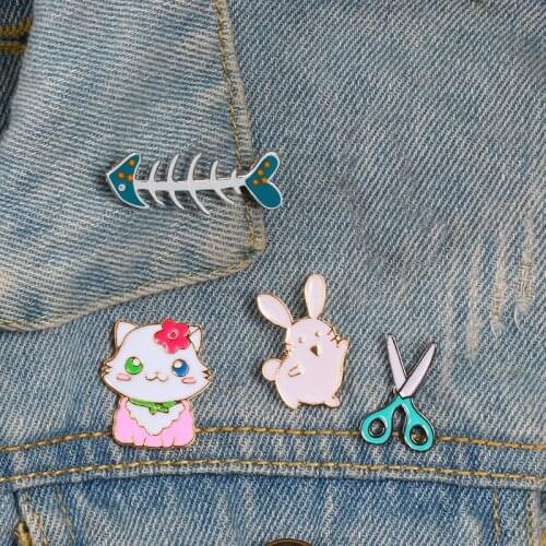 Cute kids brooch Jewelry scissors fish bone rabbit Cat flower enamel pins Badges Button Lapel Pin jackets shirt cartoon gifts