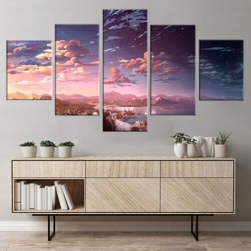 Wall Art Printed Pictures Home Decor 5 Pieces Anime Landscape Waterfall Cloud Painting Modular Living Room Cartoon Anime Canvas