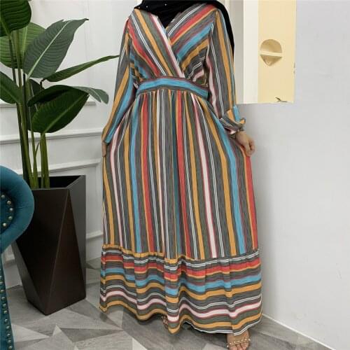 2021 New Muslim Womens Color Striped Printed Dress With A Fashionable Moroccan Middle East Dress Jalabiya Dress Abaya Kimono