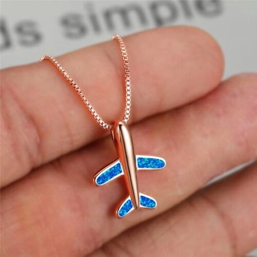 Classic Aircraft Wedding Necklace Charm Female Blue White Opal Pendant Necklace Rose Gold Silver Color Chain Necklaces For Women
