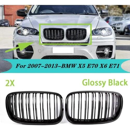 A Pair Of X5 X6 Grill Front Kidney Double Line Grille for 2007-2013-BMW X5 E70 X6 E71 ABS Gloss Black Grill 2-Pc Set Car Accesso