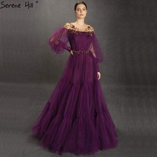 Serene Hill Purple Sexy Lantern Long Sleeves Prom Dress O-Neck Beading A-Line Tulle Formal Party Wear Gown 2020 CLA70511