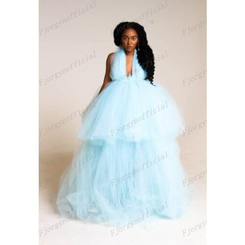 Halter Sweet 16 Dresses Light Blue Tulle Puffy Tutu Evening Gowns Girls Formal Party Dress Womens Robes Cusotom Made 2022